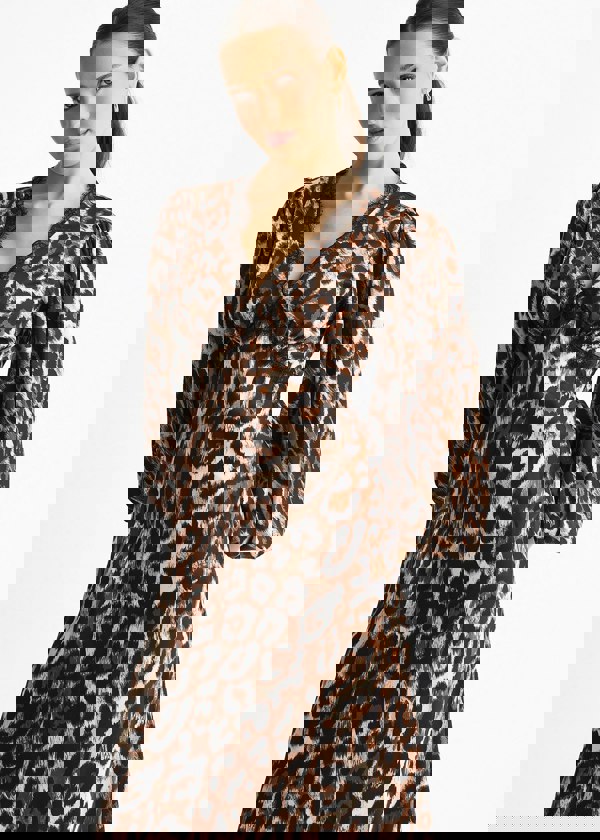 Gini London Brown Animal Lace Trim Satin Bias Midi Dress