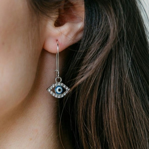 The Colourful Aura Long Silver Evil Eye Huggie Dainty Zircon Devil Eye Charm Latch Back Earrings