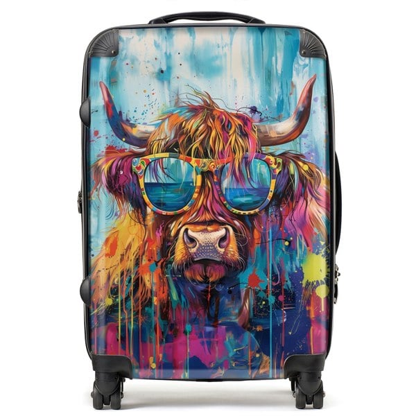 Warren Reed Splashart Highland Cow With Glasses Suitcase