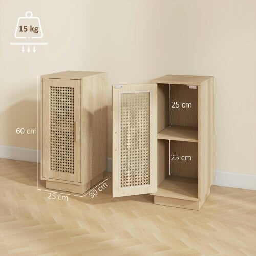 HOMCOM Set of 2 Bedside Tables with Rattan-Decor Door, Natural Wood Finish