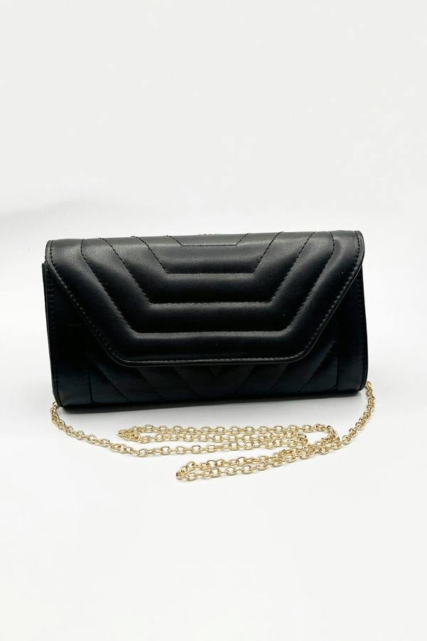 SVNX Quilted Chain Clutch Bag in Black