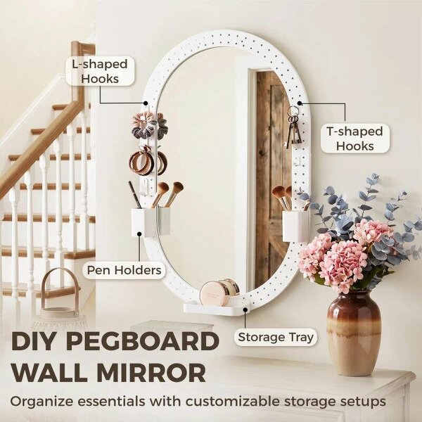 Oval Wall Mirror, 60 x 90 cm Decorative Hanging Mirror with Pegboard Frame, Wall-Mounted, White