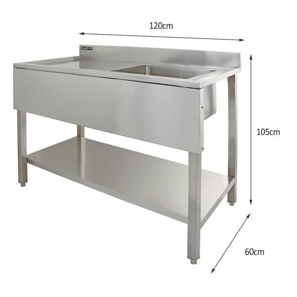 Kukoo 6ft Stainless Steel Catering Bench, Stainless Steel Sink - Left Hand Drainer & 2 x Wall Mounted Shelves