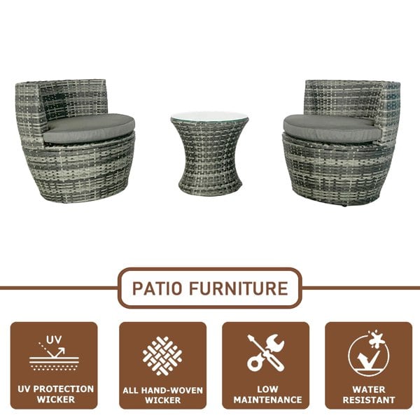 Furniture One 3-piece Outdoor Rattan Bistro Set with Cushion and Glass Top Coffee Table, 2 Seater Garden Vase Chair Table and Chair Set - Gray