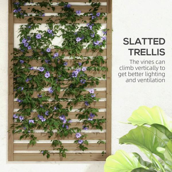 Fir wood wall-mounted plant stand with slatted trellis panels and attached shelf