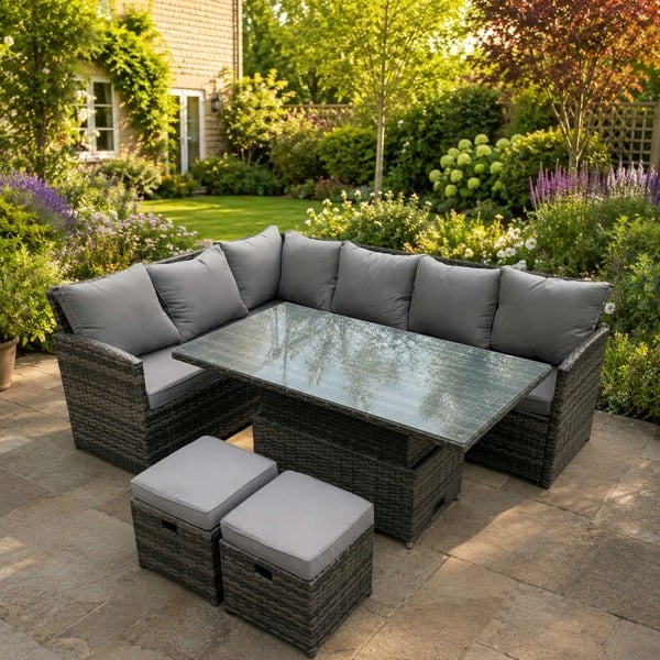 Fimous Wicker PE Outdoor Rattan Garden Furniture Set Height Adjustable Rising Lifting Table Sofa Dining Set with 2 Small Footstools Dark Grey Mixed