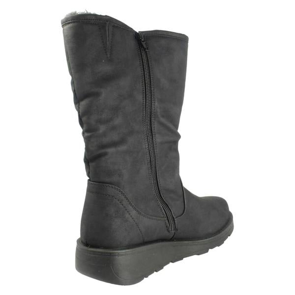Spot On Ladies Spot On Fur Lined Zip Up Wide Fit Wedge Heel Mid Calf Boots F4466