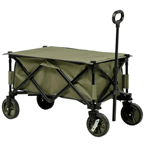 Green folding utility wagon trolley with steel frame, fabric bed, and 4 wheels