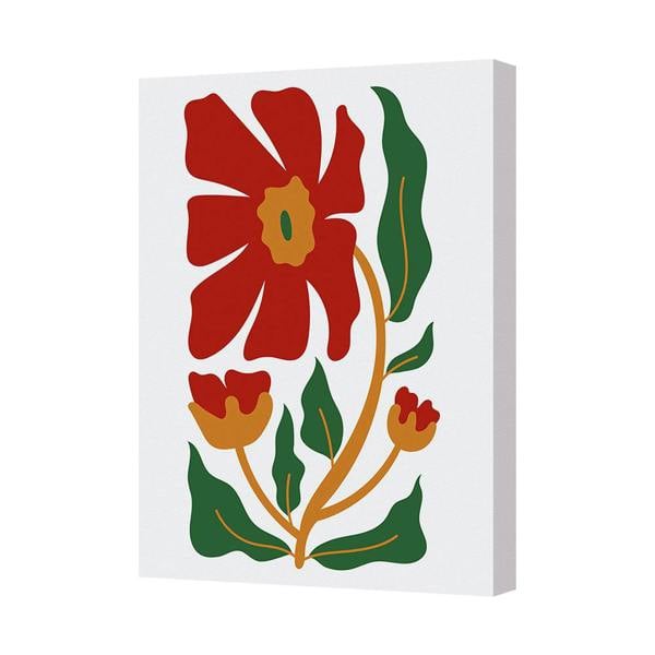 Benjamin Tate Design British Handmade Bold Red Flower Canvas Art Print With Green Leaves