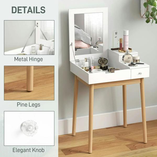 White vanity table details: pine legs, metal hinge, and elegant knob on drawers