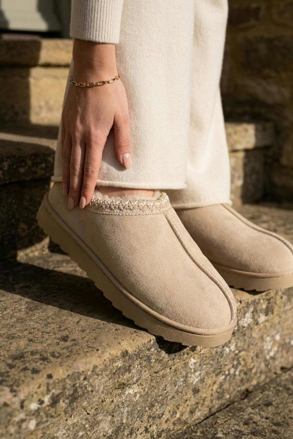 Odette Faux Suede Lined Slipper Mules - Beige