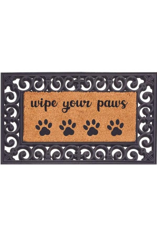 Doormat with 'wipe your paws' text and paw prints on a white background