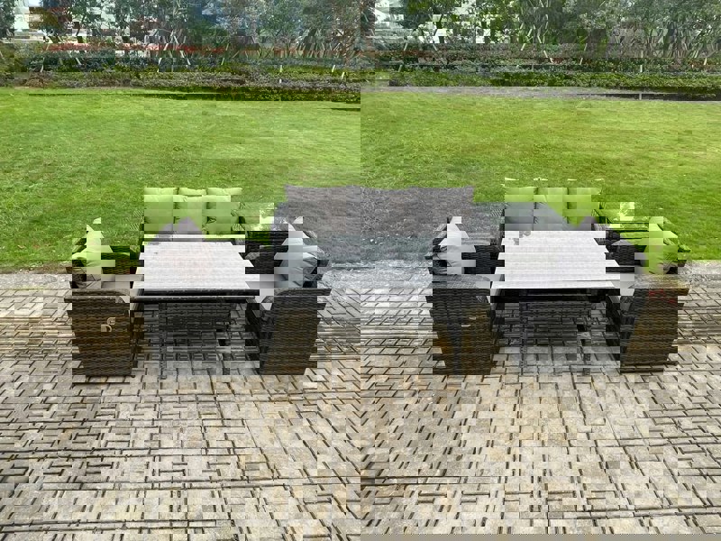 Fimous Wicker PE Rattan Garden Furniture Set Outdoor Rectangular Dining Table and Chair Sofa Set With Side Table Dark Grey Mixed