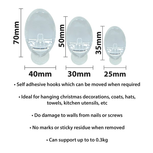 St Helens Assorted Self Adhesive Reusable Oval Shaped Plastic Hooks (Pack of 9)