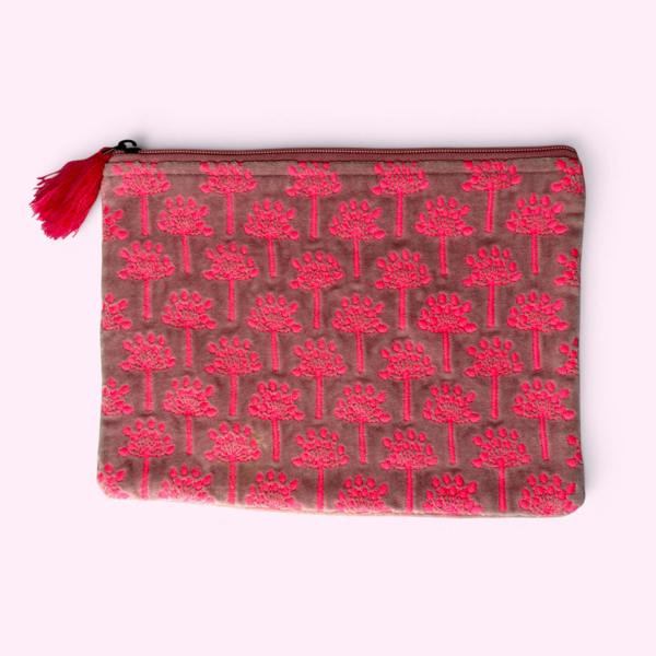 Hayley & Co Embroidered Velvet Make Up Bag | Everyday Pouch | Allium Seedhead Floral in Neon Pinks