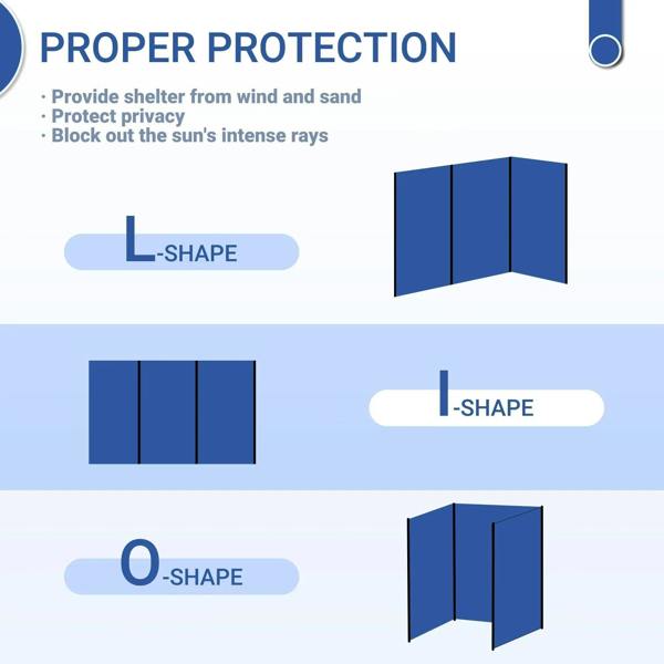 Foldable windbreak showing L-shaped, I-shaped, and O-shaped setups