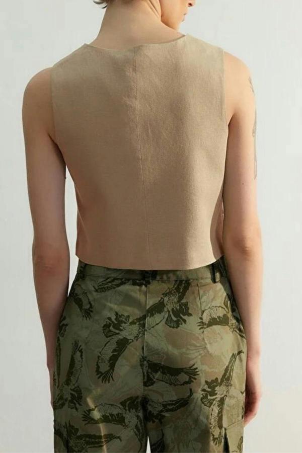 WOVCOR Crop Woven Linen Look Vest with Button Detail