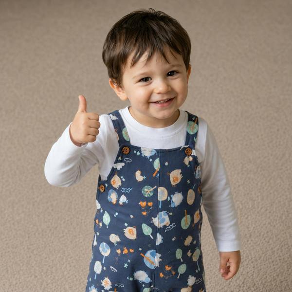 Mini Cuddles Baby Boys farm theme Dungaree Set, White & Blue