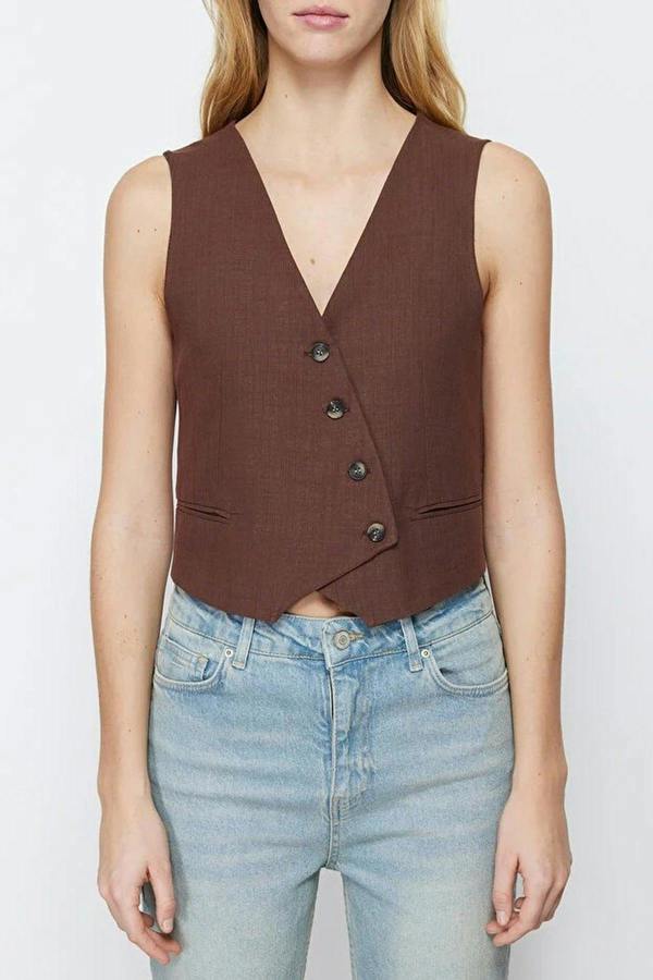 WOVCOR Crop Woven Linen Look Vest with Button Detail