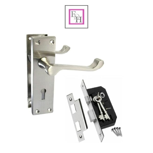 EDH Door Hardware Satin Nickel Victorian Scroll Lock Door Handles + 3 Lever Mortice Sash Lock Set1
