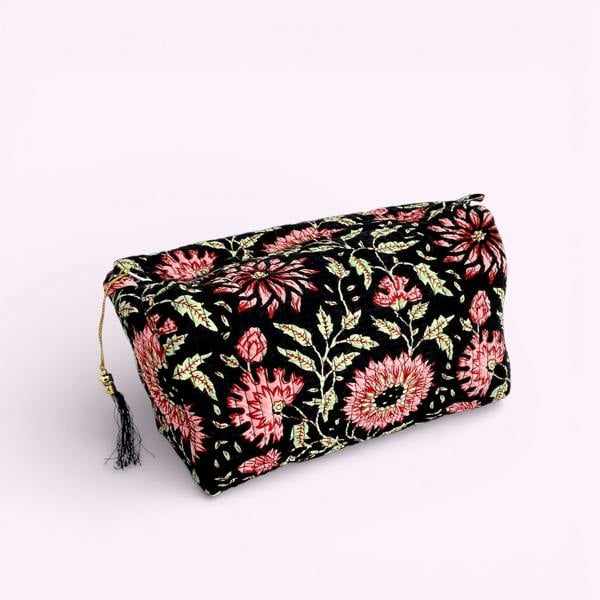 Hayley & Co Black and Pink Floral Block Print Cotton Washbag, Make Up Bag, Pencil Case with Waterproof Lining - Pink Sunflower Print