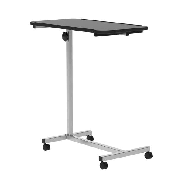 Black C-shaped over-bed laptop table with height-adjustable frame and caster wheels