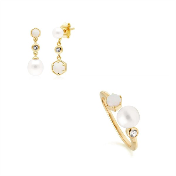 270E030701925-270R059101925 Modern Pearl, Topaz & Opal Earring & Ring Set in Gold Plated Silver 1