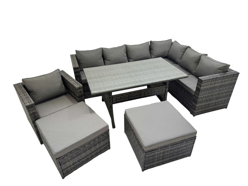 Fimous Rattan Garden Furniture Set Outdoor 9 Seater Patio Dining Corner Sofa Sets with Dining Table Chair 2 Big Stools Dark Grey Mixed