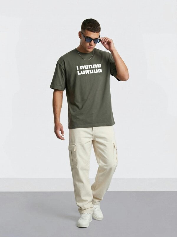 London Attitude Essential Split Graphic Premium Organic Cotton T-Shirt - Khaki