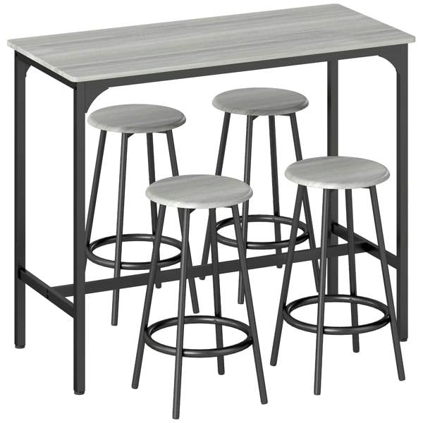Industrial bar table set with grey tabletop, black legs, and four grey round stools