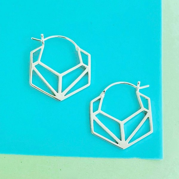 Hexagonal Geometric Silver Hoop Earrings