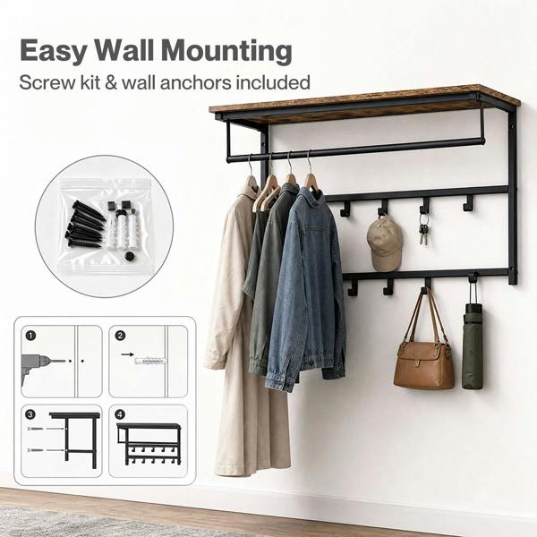 Levede Coat Rack Wall Mounted 10kg Wooden Shelf Hooks Hanger Storage Metal Brown