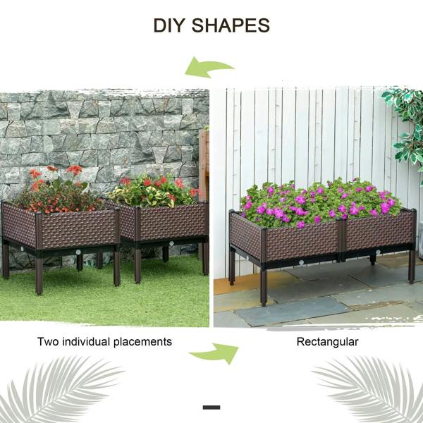Two brown rectangular raised planter boxes for DIY garden planting