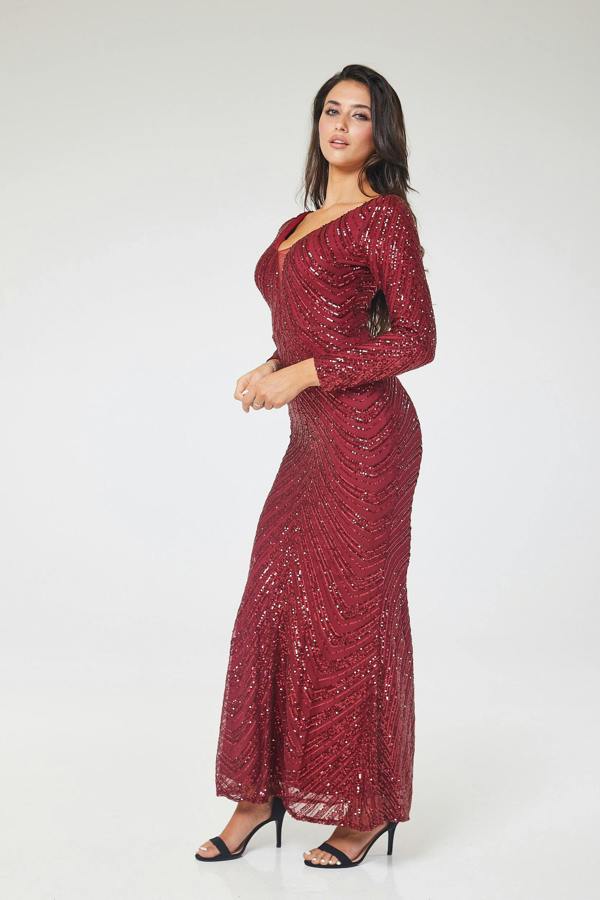 LuvForever Zoya - Wine Long Sleeve Sequin Maxi Dress