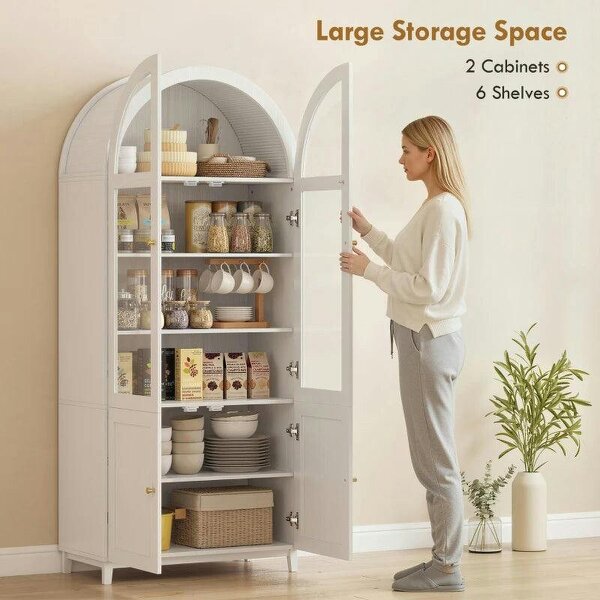 180cm Tall Kitchen Cupboard, Storage Cabinet with Adjustable Shelves, Acrylic Doors for Living Room, Dining Room, White