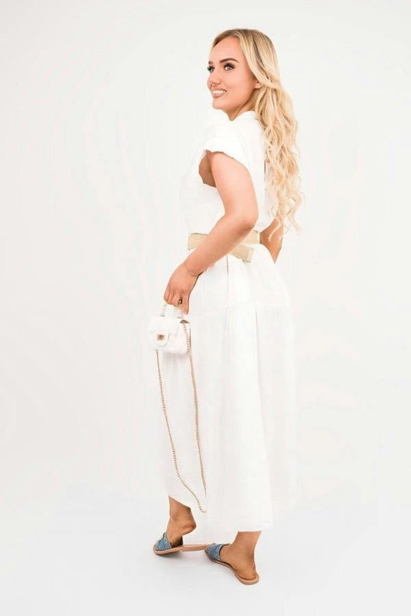 Kareen V Neck Short Sleeve Tiered Midi Dress With Belt - White