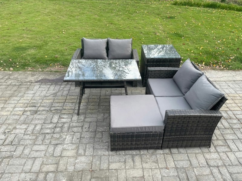 Fimous 5-Piece Rattan Garden Furniture Set - Dark Grey Mixed Wicker Patio Sofa Conversation Set with Side Table & Big Footstool
