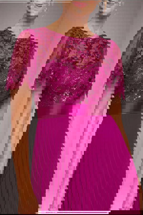 Embroidered Top Chiffon Pleated Midi - Magenta DR3802M