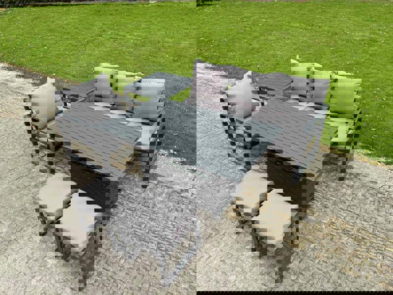 Fimous 6 Seater Aluminium Outdoor Furniture Set with Adjustable Rising Dining Table Chairs with 2 Footstools Side Table - Dark Grey