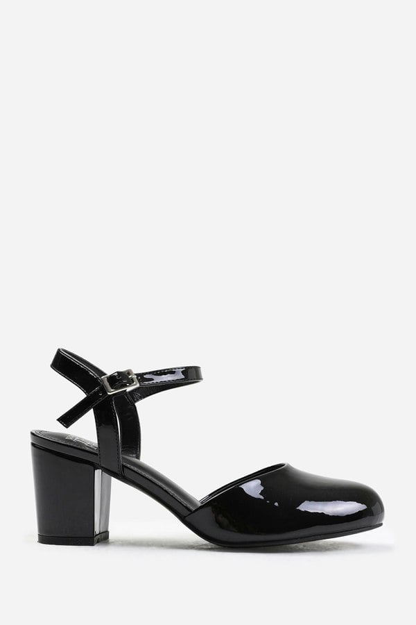 Where's That From Guelder Wide Fit Round Toe Mid Block Heel With Strap in Black Patent