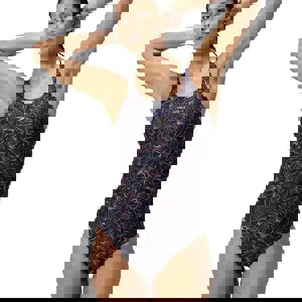 Speedo Hyperboom Allover Medalist black purple floral racerback swimsuit