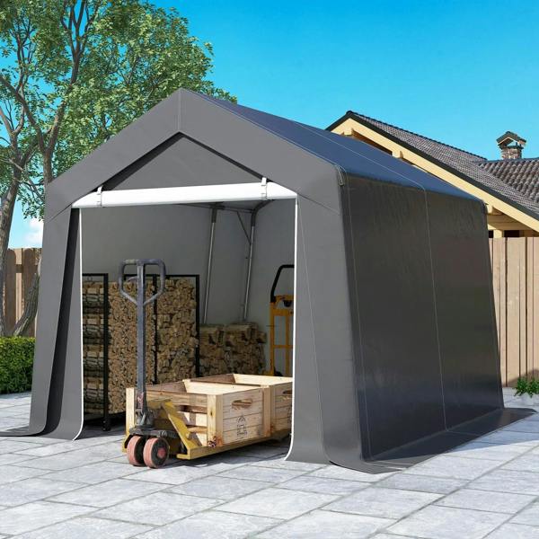 Dark grey portable outdoor storage shed tent with open front for storing garden items