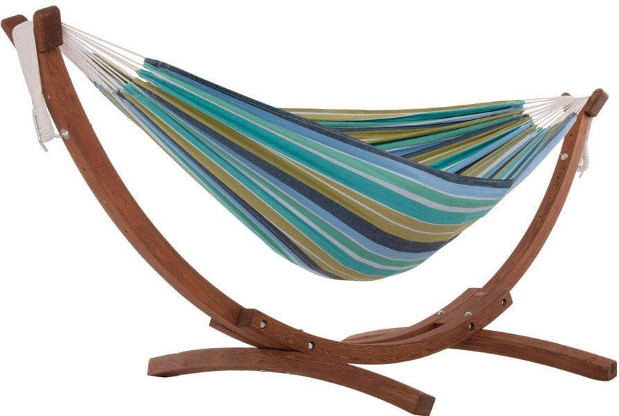 Vivere Double Cotton Hammock with Solid Pine Arc Stand - Cayo Reef (8ft)
