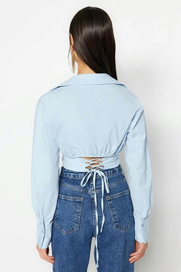 WOVCOR Crop Woven Poplin Shirt with Corset Detail