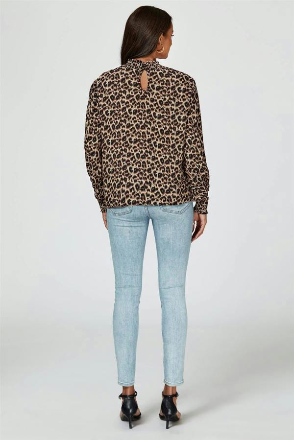 FS Collection Leopard Print Long Sleeve High Neck Blouse In Brown