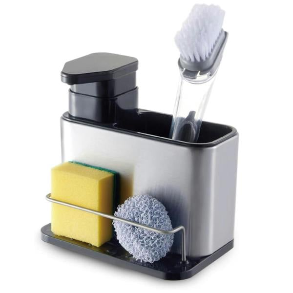 Top 3 Kitchen Sink Organiser with 340ml Soap Dispenser Pump Silver