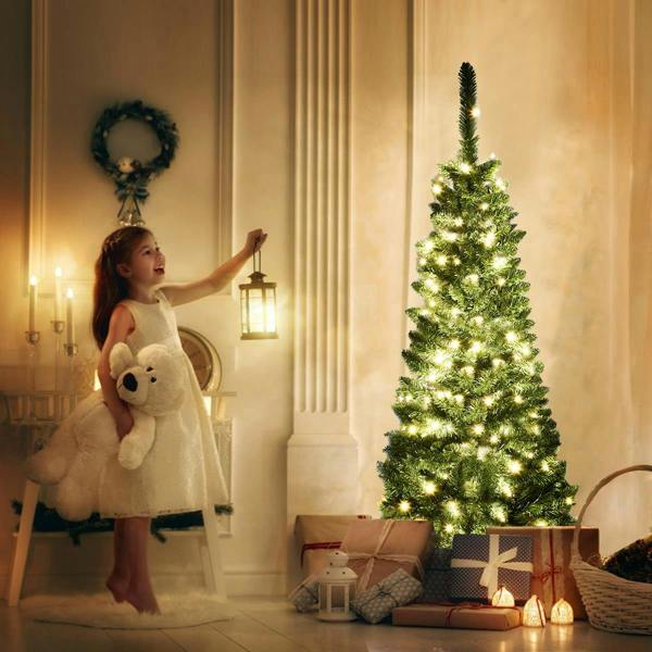 4ft to 8ft Green Pencil Pre-Lit Christmas Trees with Warm White LEDs and Metal Stand image 7