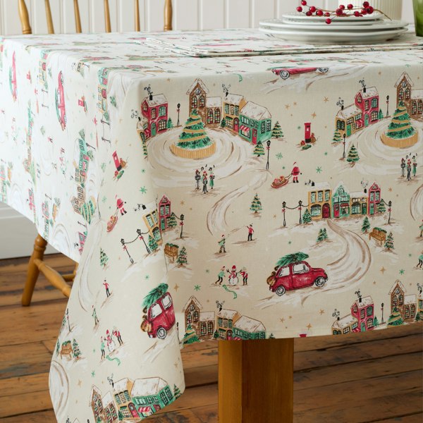 Catherine Lansfield Christmas Town Cotton Table Cloth Natural