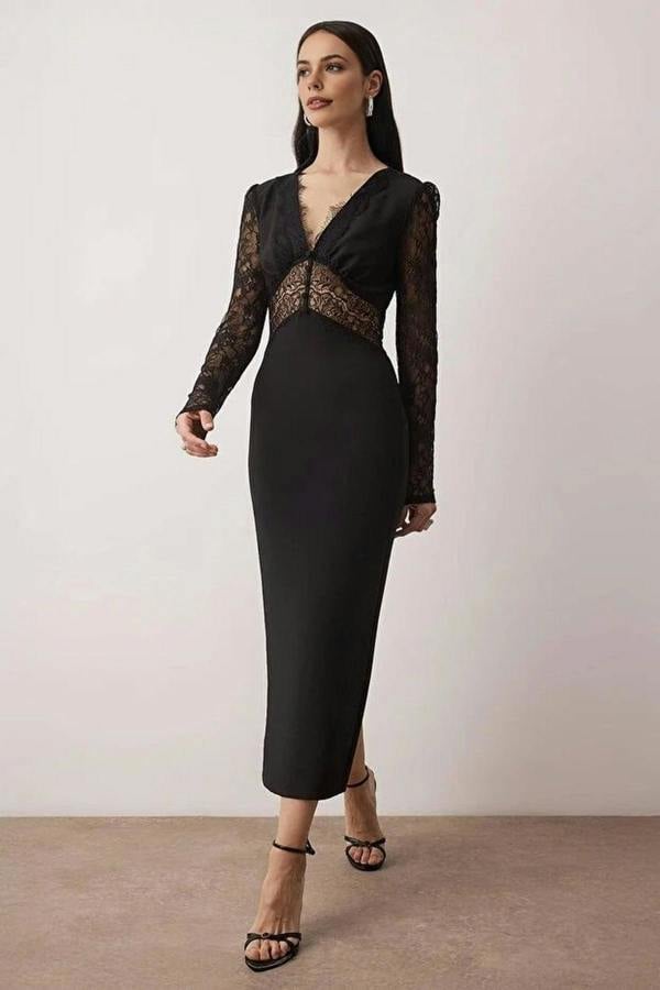 WOVCOR Lace Detailed Woven Finike Midi Unlined Evening Dress