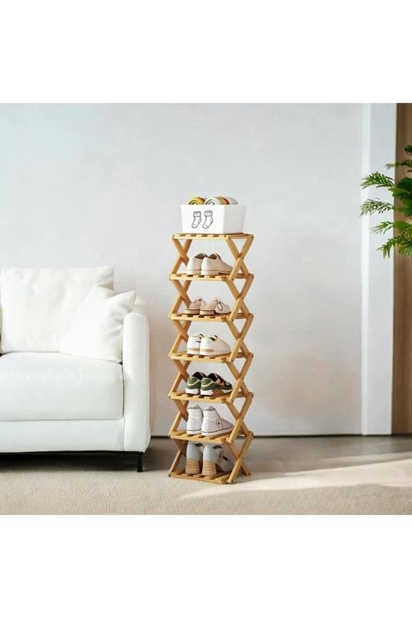 Living and Home 7 Tier Bamboo Folding Shoe Rack Shoe Storage Organiser - Light Oak